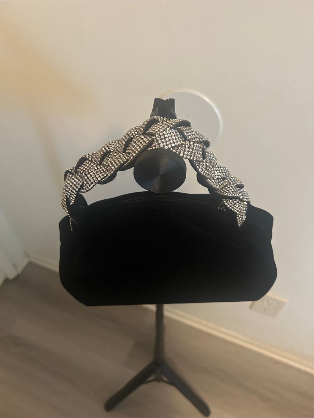 Black Velvet Evening Clutch with Crystal Braided Handle